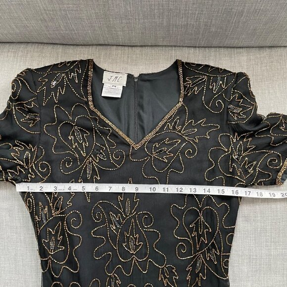 Vintage J.M.C. Black Silk Beaded Sequined V-Neck Cocktail Dress Women's Size PM - Picture 7 of 9